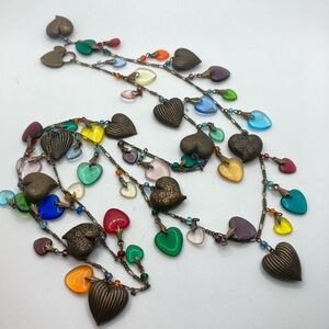 Vtg Glass Works Studio Ltd GWS Brass & Glass Heart Charm Necklace Extra Long 36”